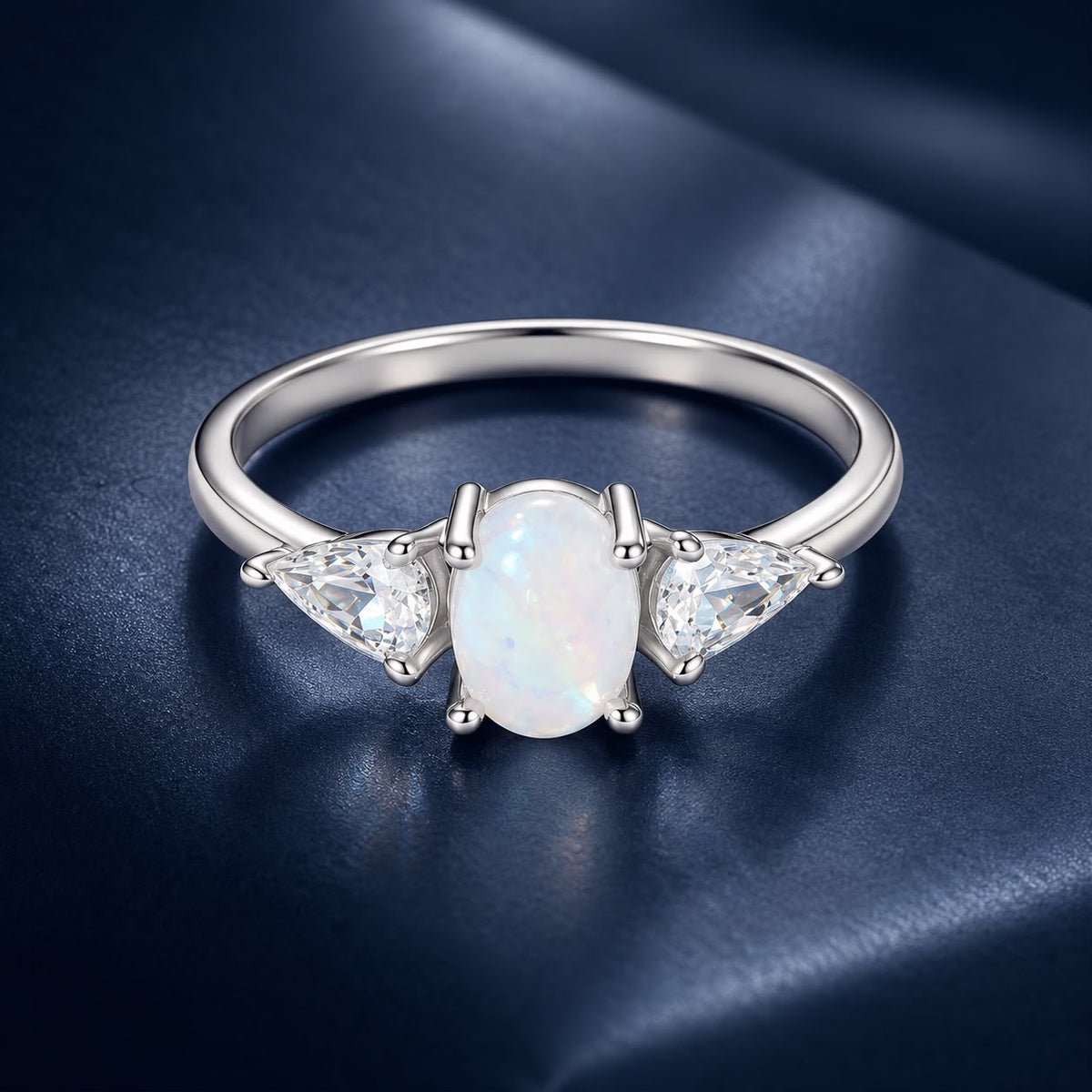 925 Sterling Silver White Gold Plated Natural Moonstone CZ Size 6 Ring for Women