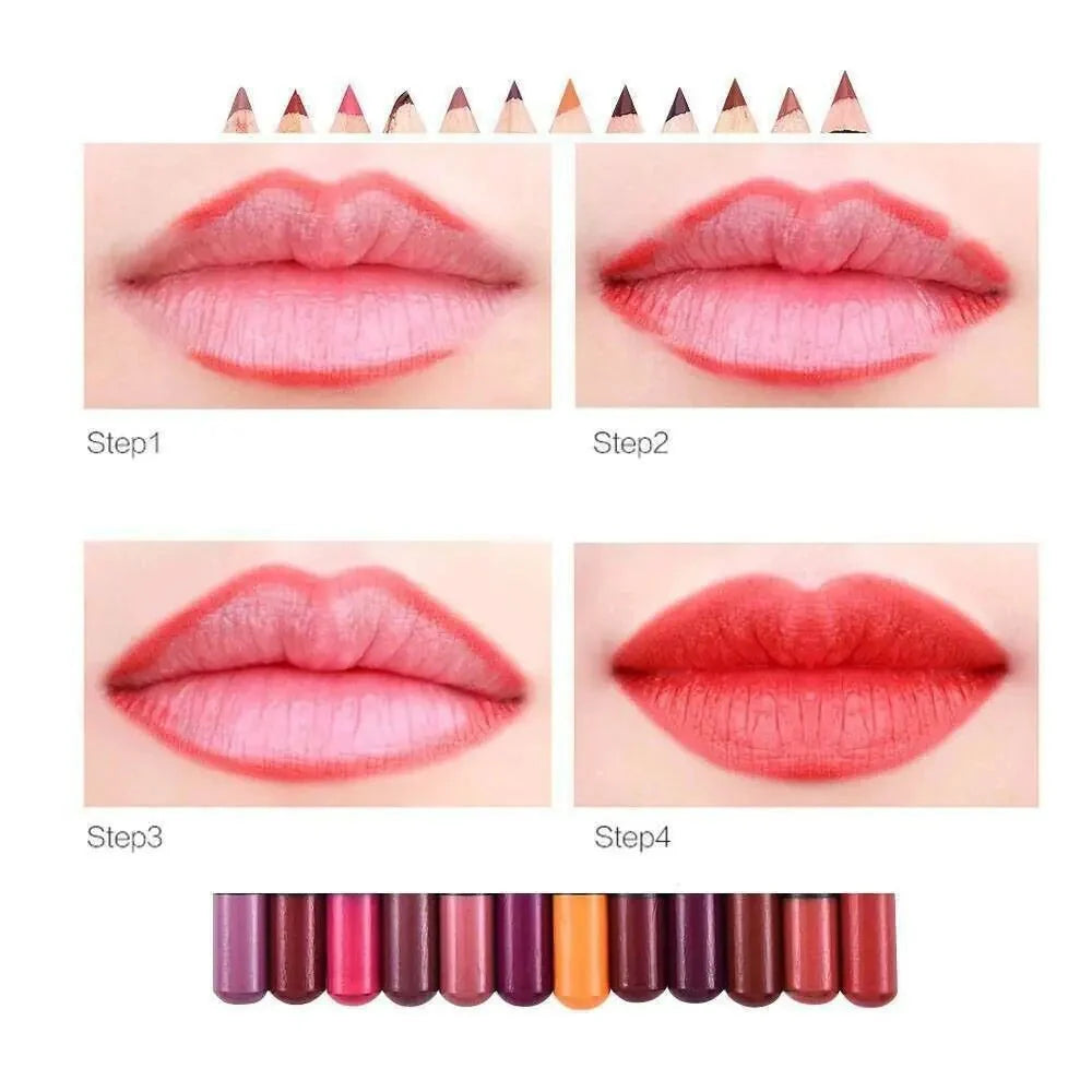 12-Piece Waterproof Lipstick & Lip Liner Set | Matte Finish & Long Lasting