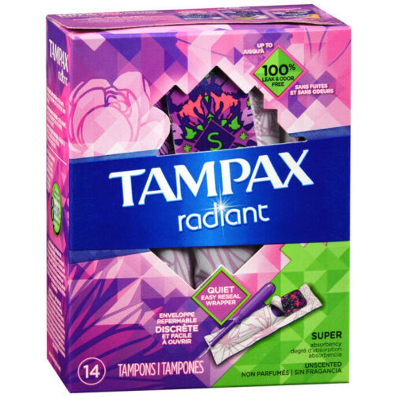 Tampax Radiant Tampons With Leak Guard Braid, Super Absorbency, Unscented