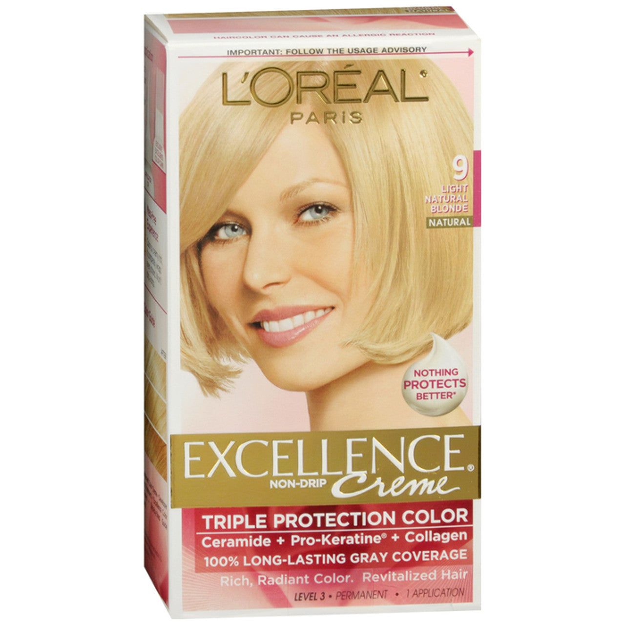 Excellence L'Oreal Paris Créme Permanent Triple Protection Hair Color, 9 Light Natural Blonde, 1 Kit