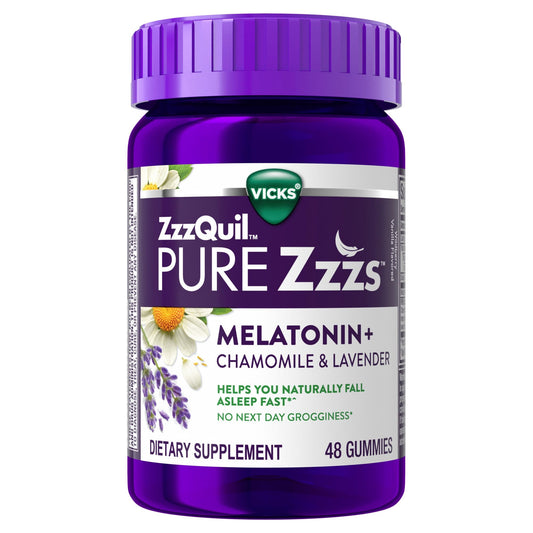 Vicks Zzzquil Pure Zzzs Melatonin Gummies, Sleep Aid, With Chamomile & Lavender, Aids For Adults, Wildberry Vanilla Flavored, 48