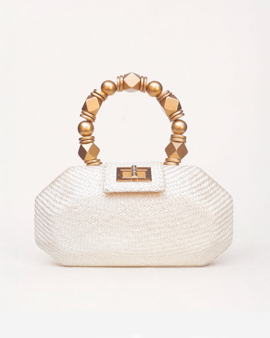THE MELIA — Cream Woven Straw Clutch with Beaded Top Handle