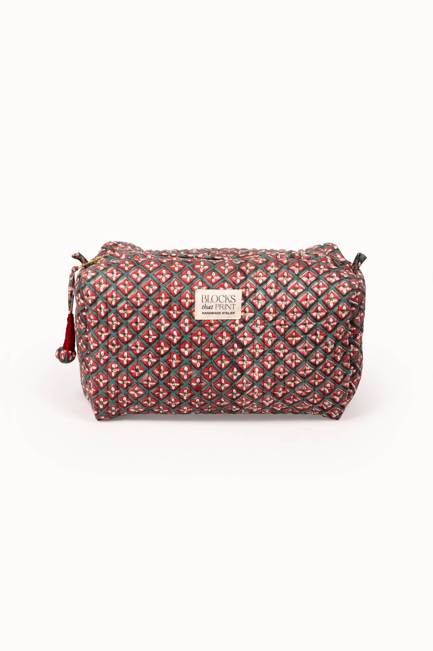 Large Block Print Quilted Travel Pouch - Holiday Crimson