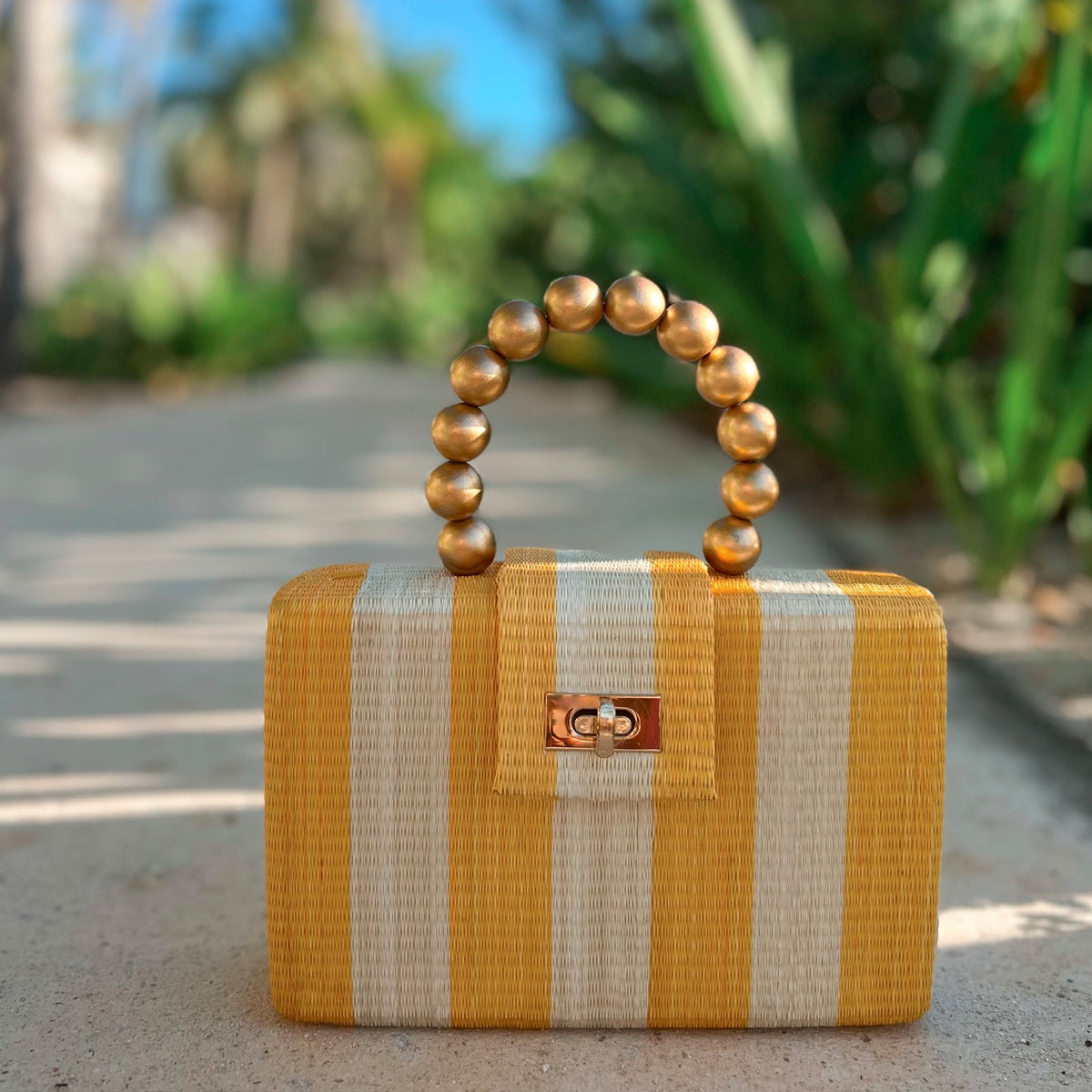 THE LOUISA Yellow & Cream Stripe Woven Straw Clutch Bag