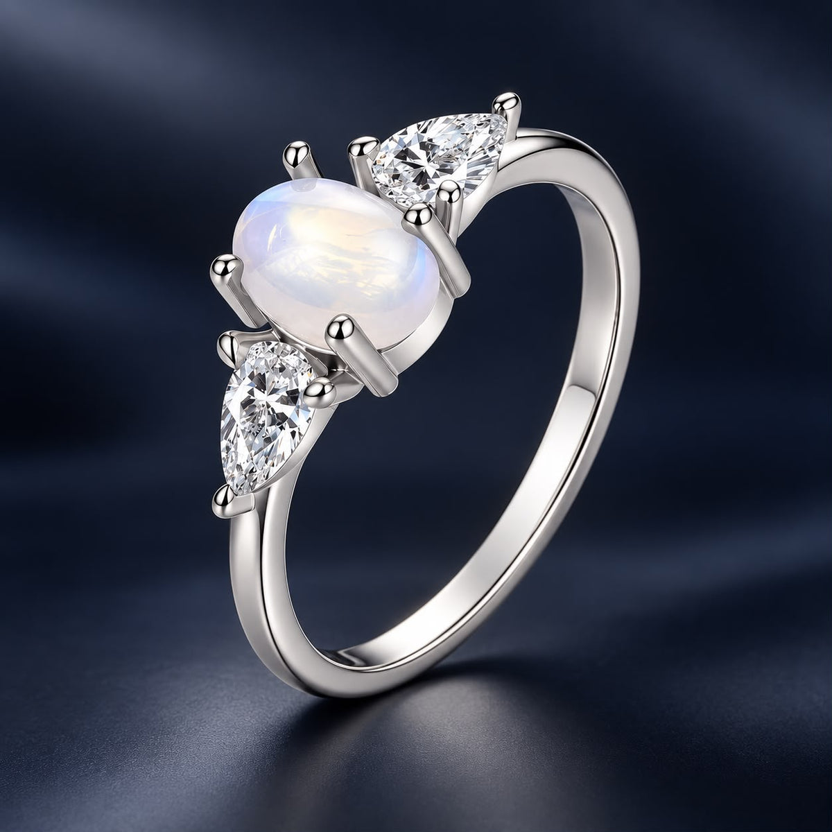 925 Sterling Silver White Gold Plated Natural Moonstone CZ Size 6 Ring for Women