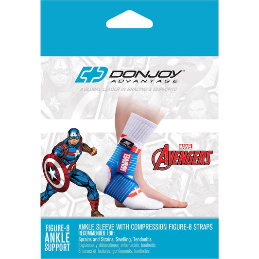 DonJoy Advantage Kids Figure-8 Ankle Support Featuring Marvel Compression Brace For Ankle Injuries Stability Youth Children Running Sports Basketball Soccer Tennis - Captain America X-Small
