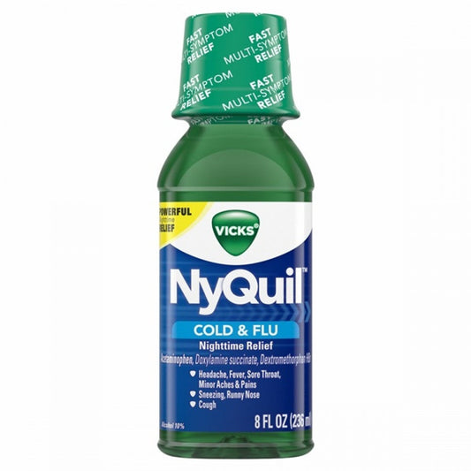 Vicks Ny Quil Cold And Flu Medicine, 8 Fl Oz, Original Flavor, Relieves Nighttime Cough, Sore Throat, Fever, Runny Nose