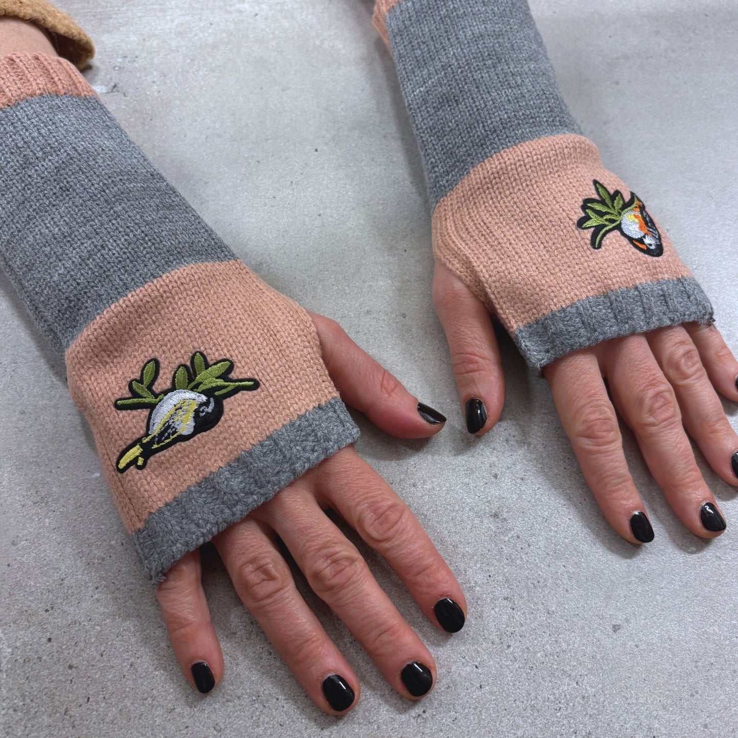 Bird Applique Arm Warmers | Fingerless Gloves in Black, Pink, or Green