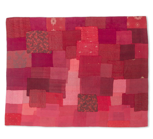 Landscape Fray Patch Handmade Vintage Kantha Throw - Red