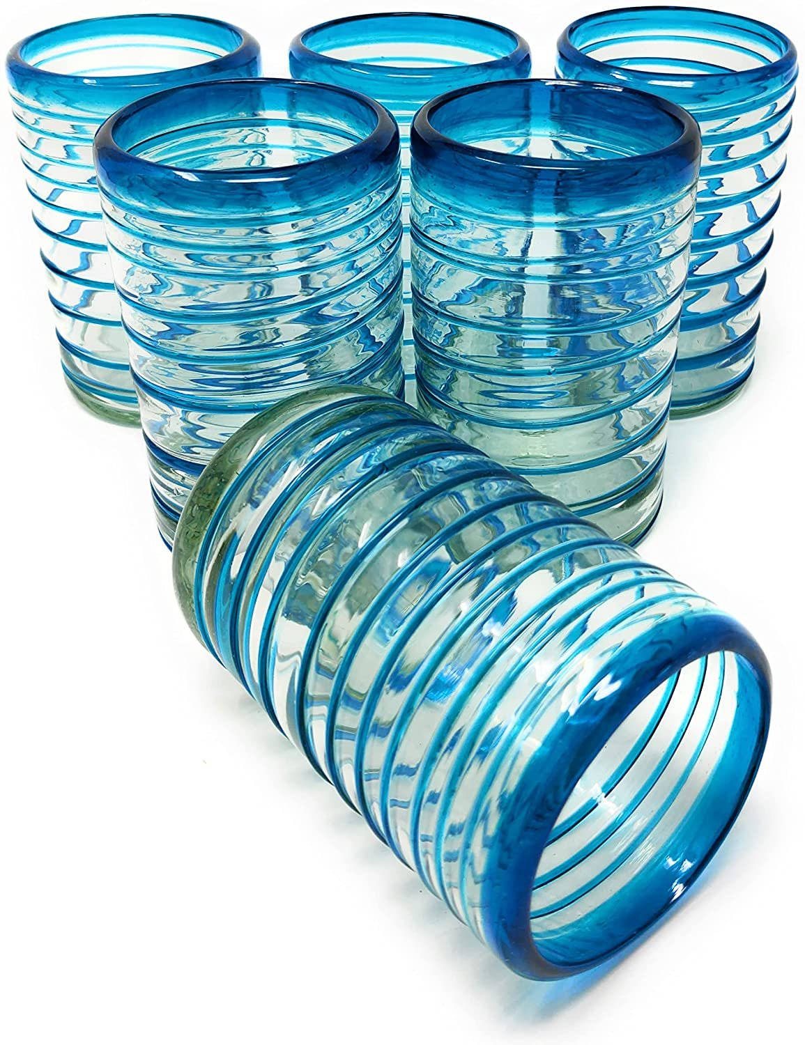 Set of 6 Glasses with an Aqua Spiral Design