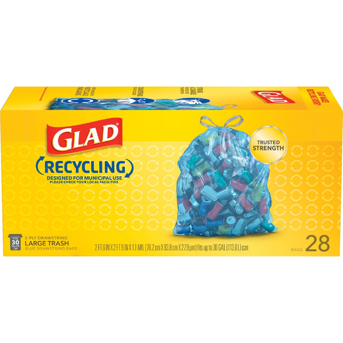 Glad Recycling Drawstring Large Trash Bags, Blue, 30 Gallon