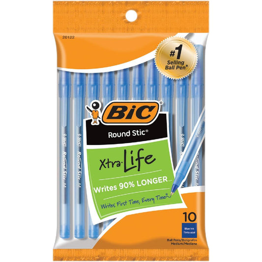 BiC Round Stic Ball Pens, Xtra Life, Blue Ink, Medium