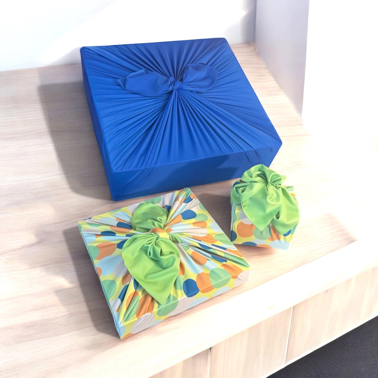 Set of 3 (S, L, XL) Reusable Cloth Furoshiki Gift Wrap | Polka Dot & Deep Blue