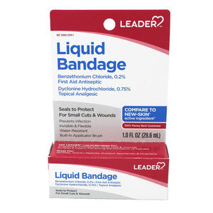 Leader Liquid Bandage With Benzethonium Chloride 0.2% First Aid Antiseptic Seals To Protect For Small Cuts & Wounds 1 Fl Oz