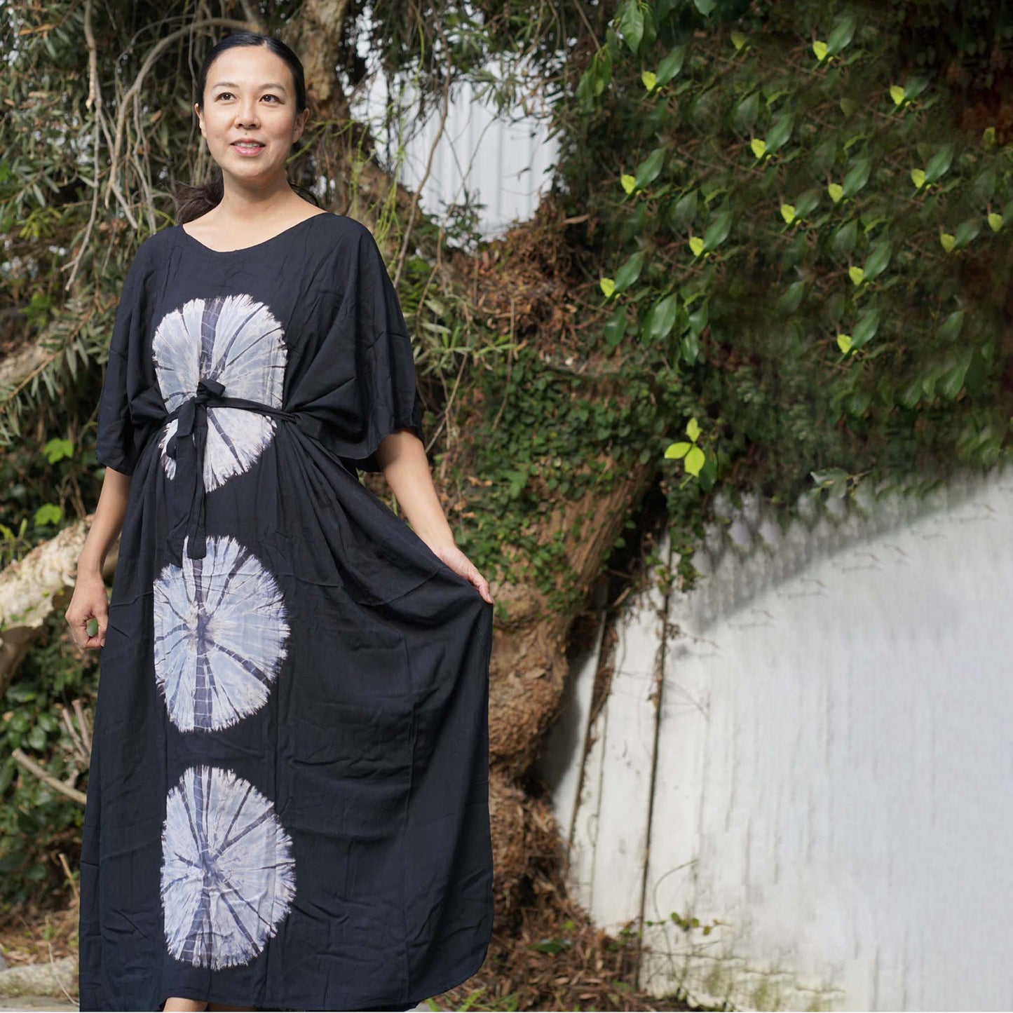 Kaftan Tie Dye Long Dress Shibori Black White Floral Pattern