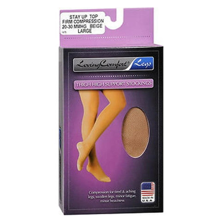 Loving Comfort Legs Thigh High Support Stockings Firm Compression Beige Large - 1 Pair