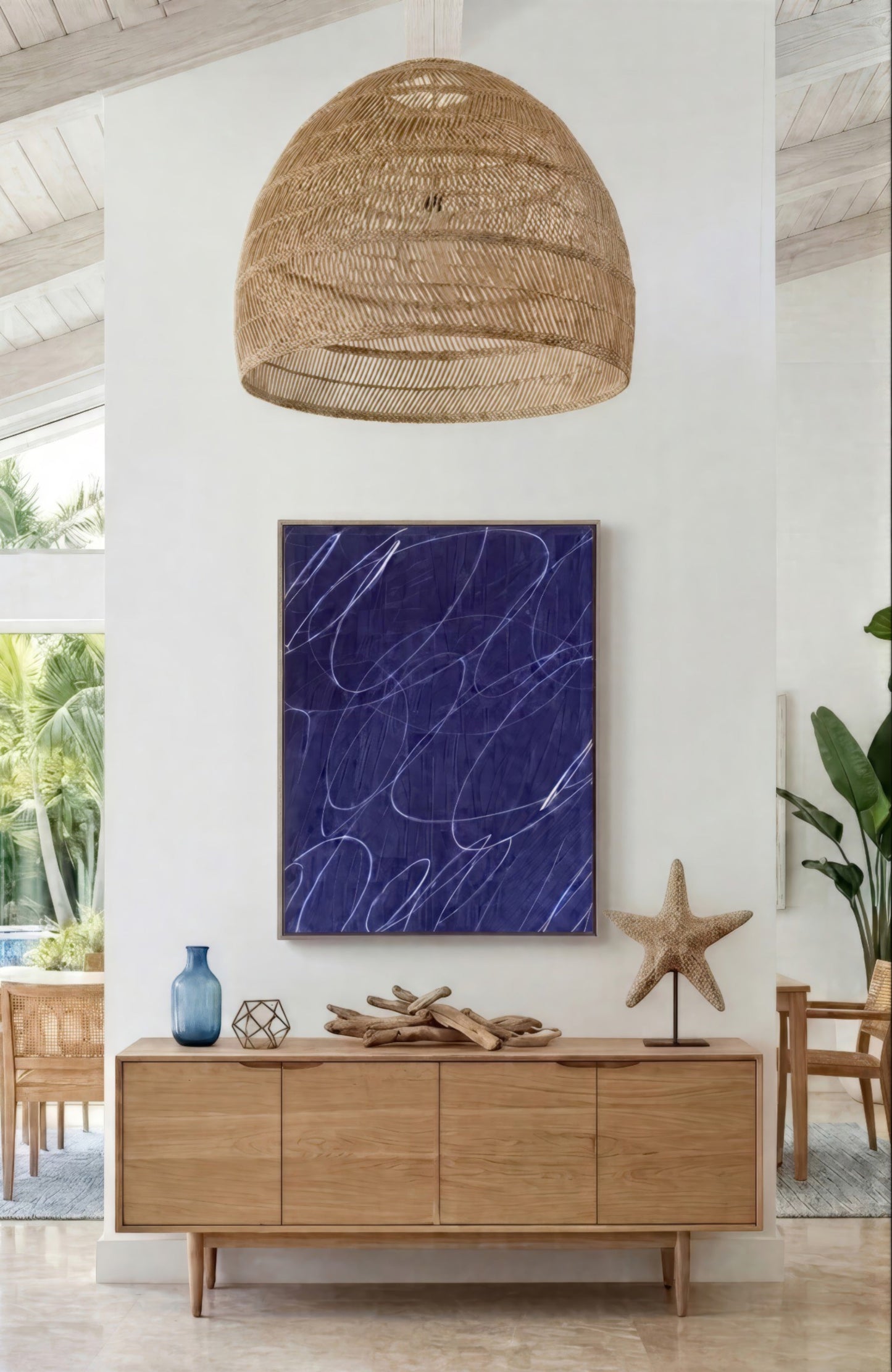 Gestural Marks in Deep Ocean Framed Canvas Wall Art
