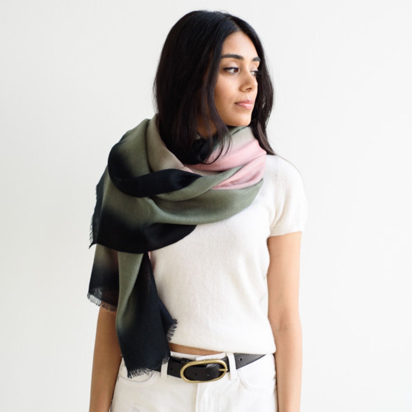 Iris Kiwi Green Pink Cashmere Merino Handwoven Scarf