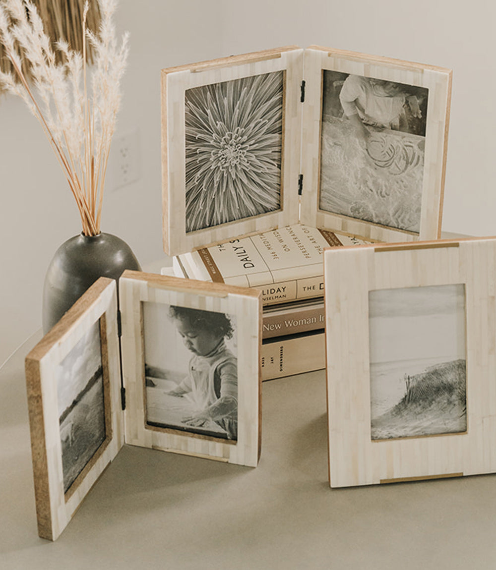 Mukhendu 4x6 Double Picture Frame - Carved Bone, Brass Accent - Osadia Concept Store