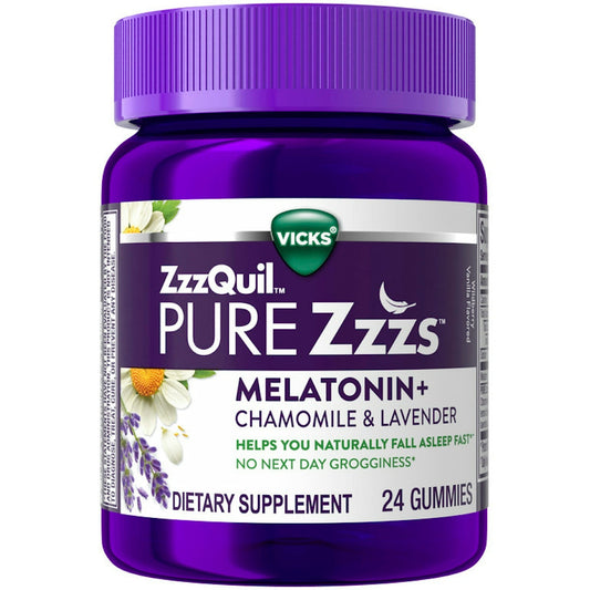 Vicks ZzzQuil PURE Zzzs Melatonin Sleep Aid Gummies, Wildberry Vanilla Flavor, Chamomile Lavender & Valerian Root, 1mg Per Gummy