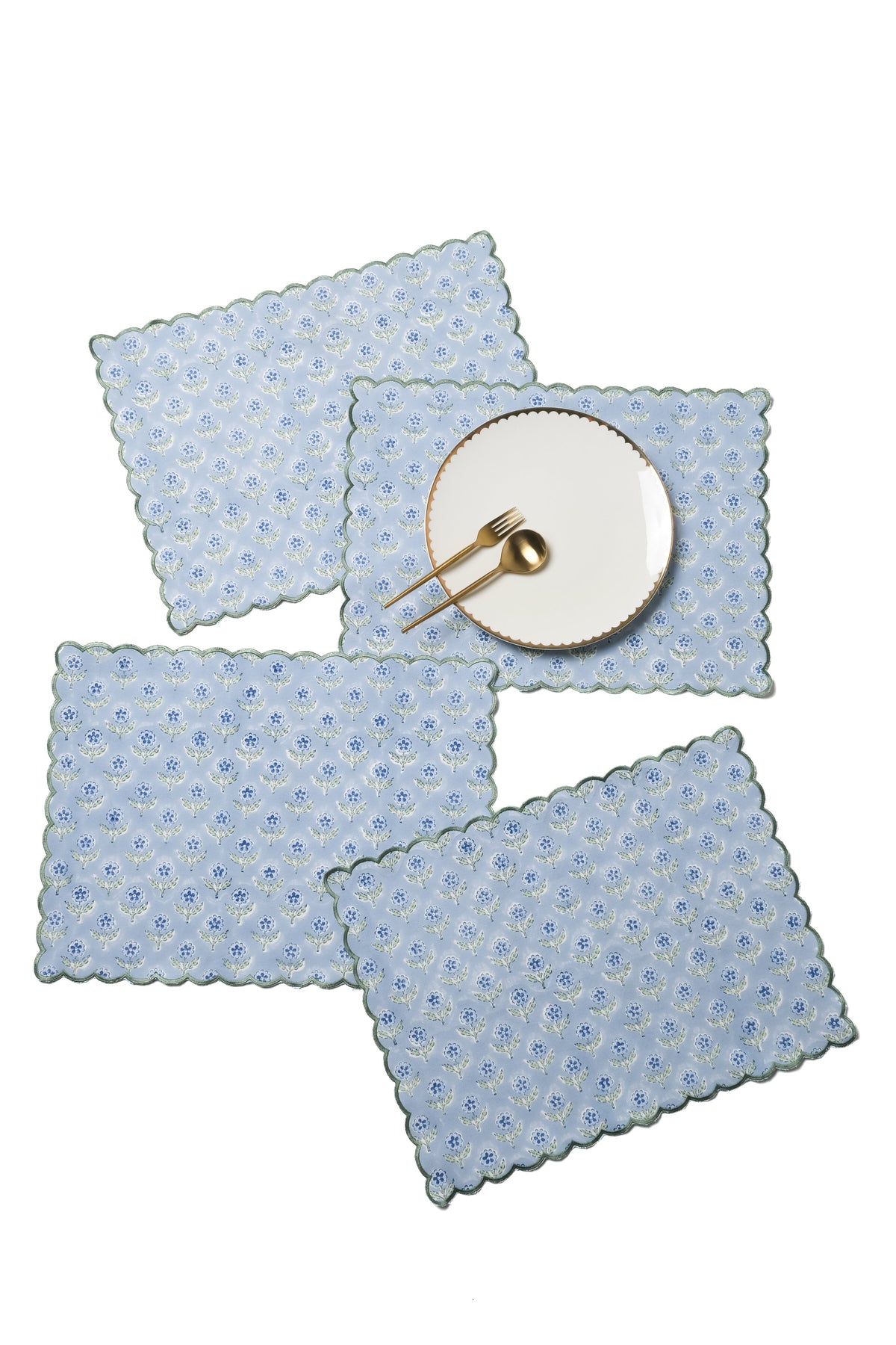 Mona Scallop Embroidered Blockprint Placemat in Blue, Set of 2