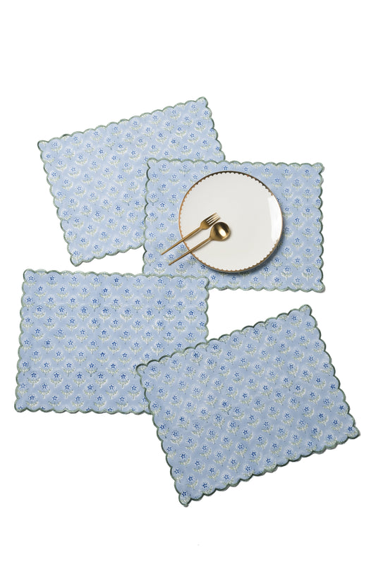 Mona Scallop Embroidered Blockprint Placemat in Blue, Set of 2