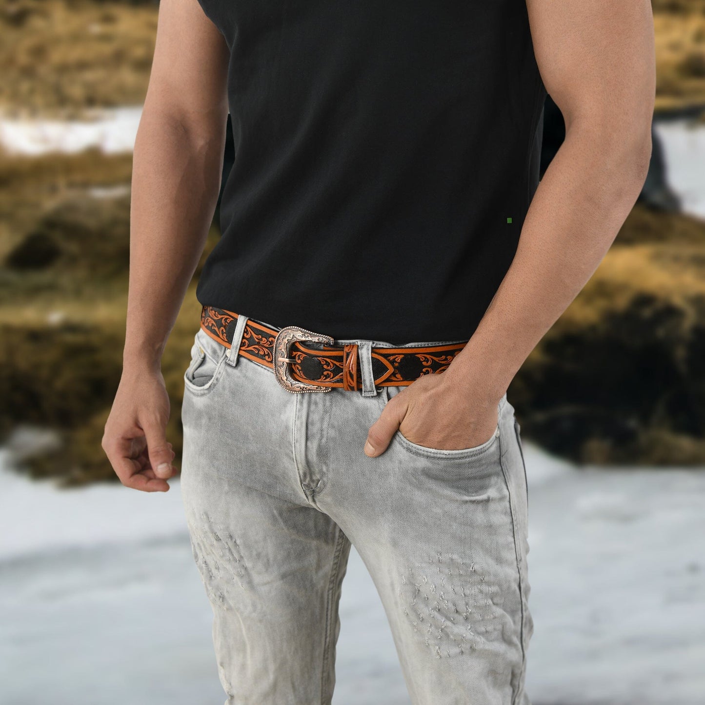 Western Cowboy Leather Belt - Black & Brown - Osadia Concept Store