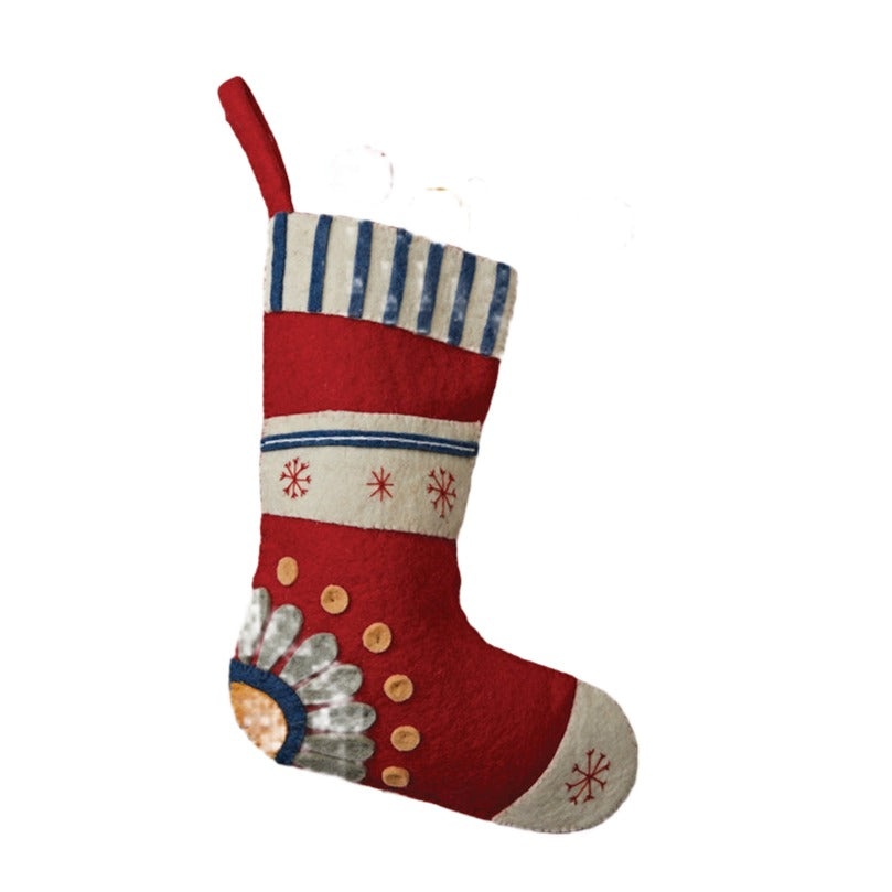 18" Handmade Wool Felt Stocking w/ Embroidered Snowflakes & Flower