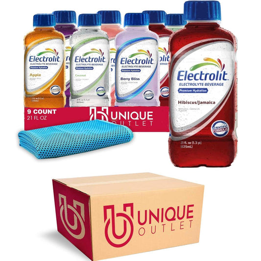 Electrolit Collection 9-Pack Of Hydration Drink With Electrolytes, 21 Fl Oz Plastic Bottle + 1 Microfiber Cooling Towel By Unique Outlet Brand