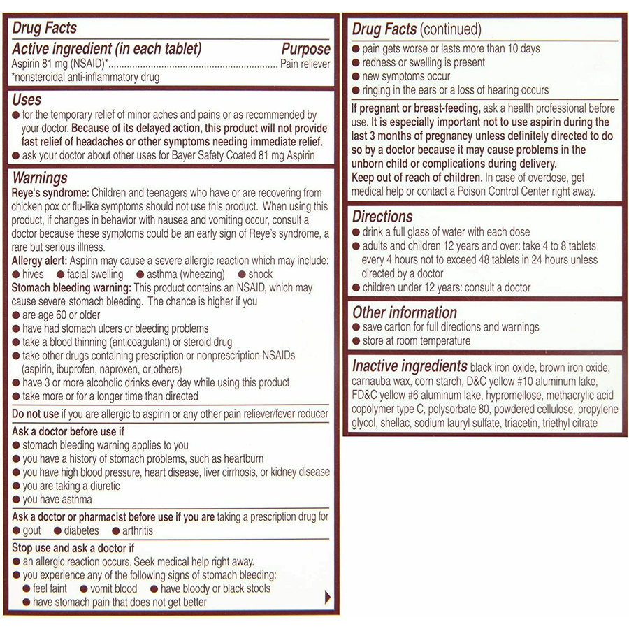 Bayer Low Dose Aspirin Regimen Safety Enteric Coated 81 Mg Tablets