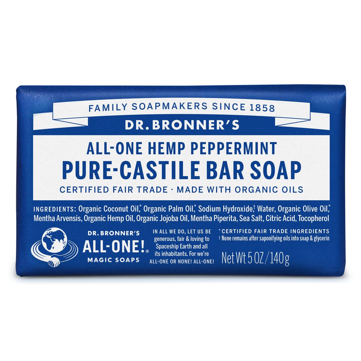 Dr Bronner's Bar Soap, Pure Castile, All One Hemp, Peppermint 5 Oz