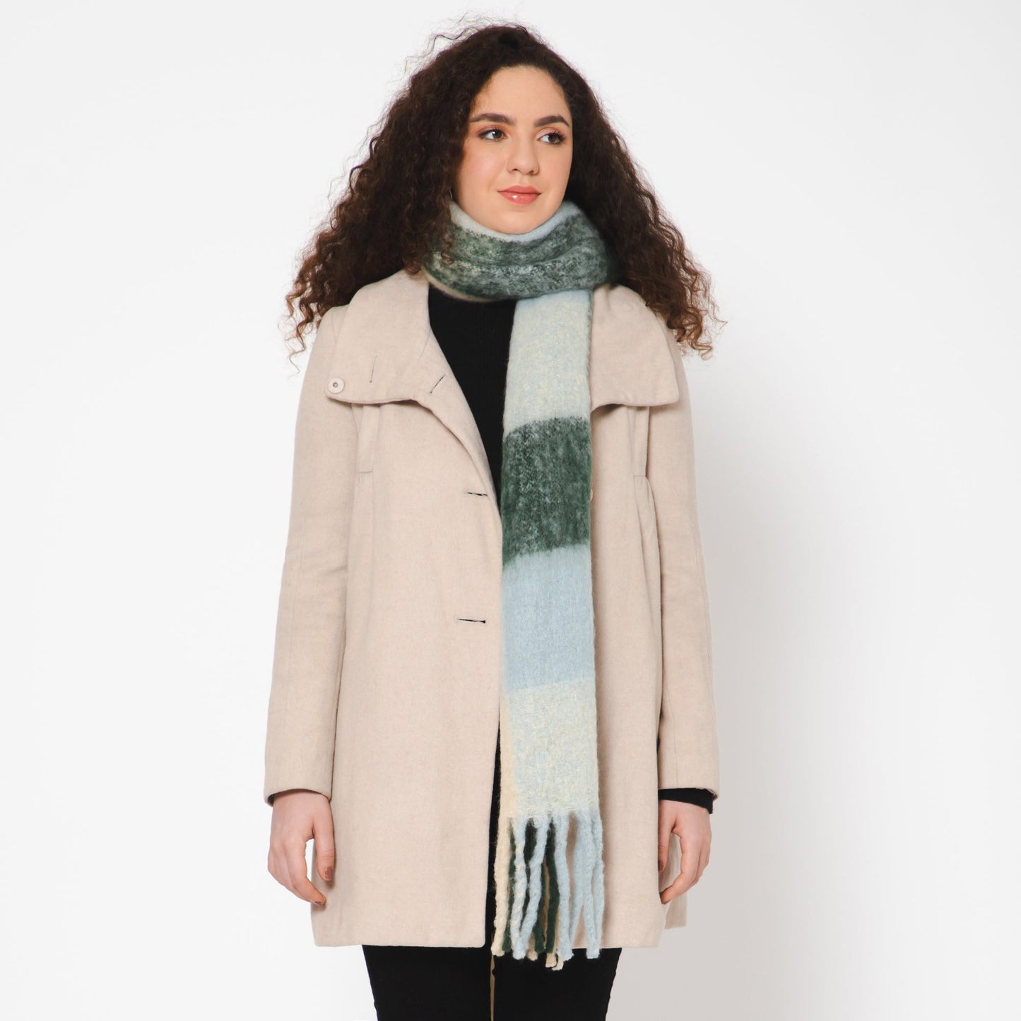 Brushed Checkered Print Scarf - Beige Olive