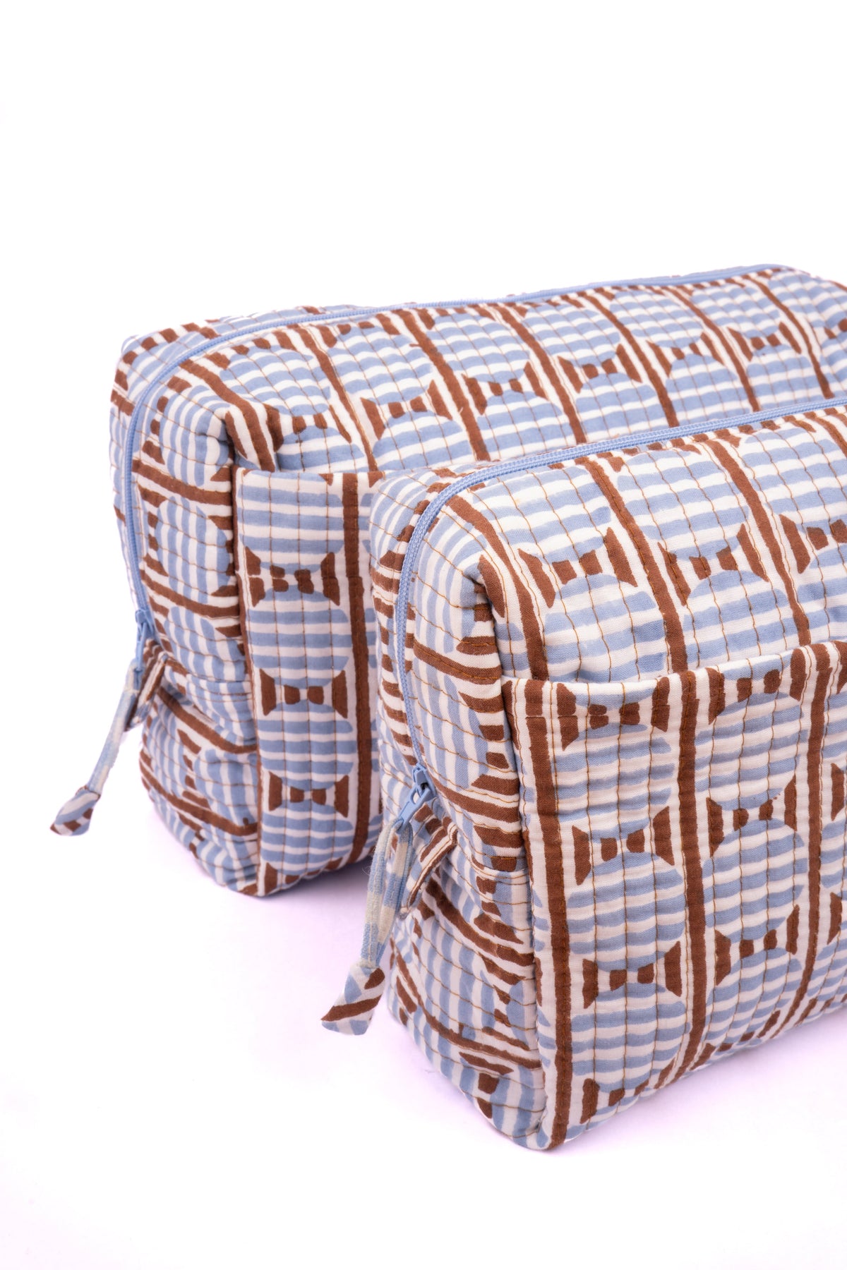 Striped Circles Blockprint Travel Pouch in Brown and Blue