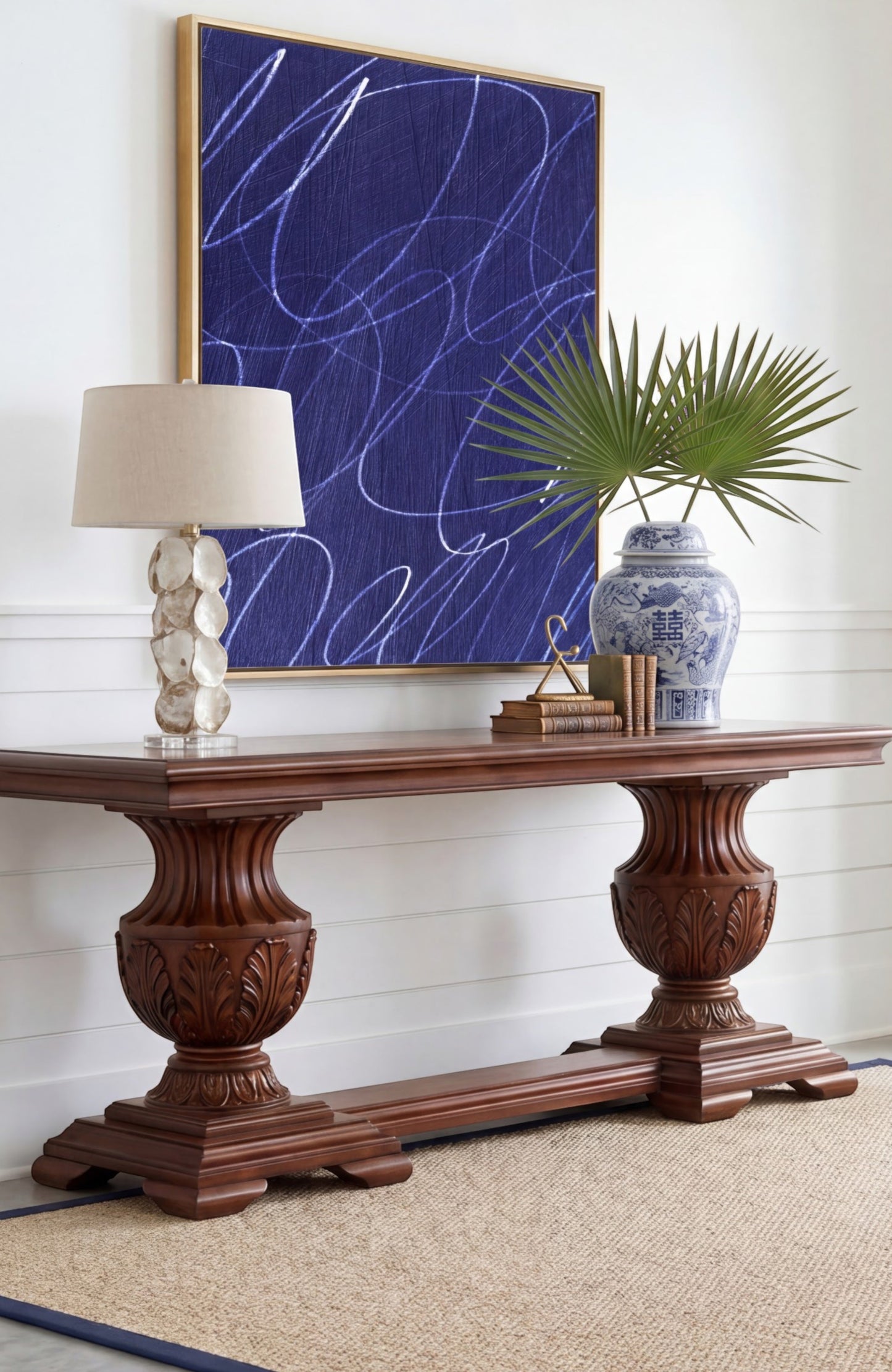 Gestural Marks in Deep Ocean Framed Canvas Wall Art