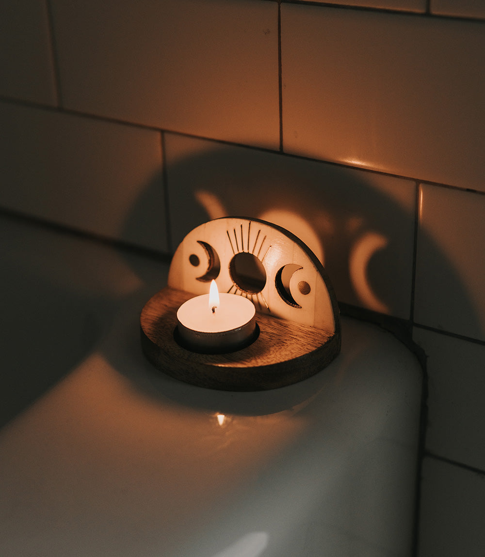 Indukala Moon Phase Tealight Candle Holder - Carved Bone Wood - Osadia Concept Store