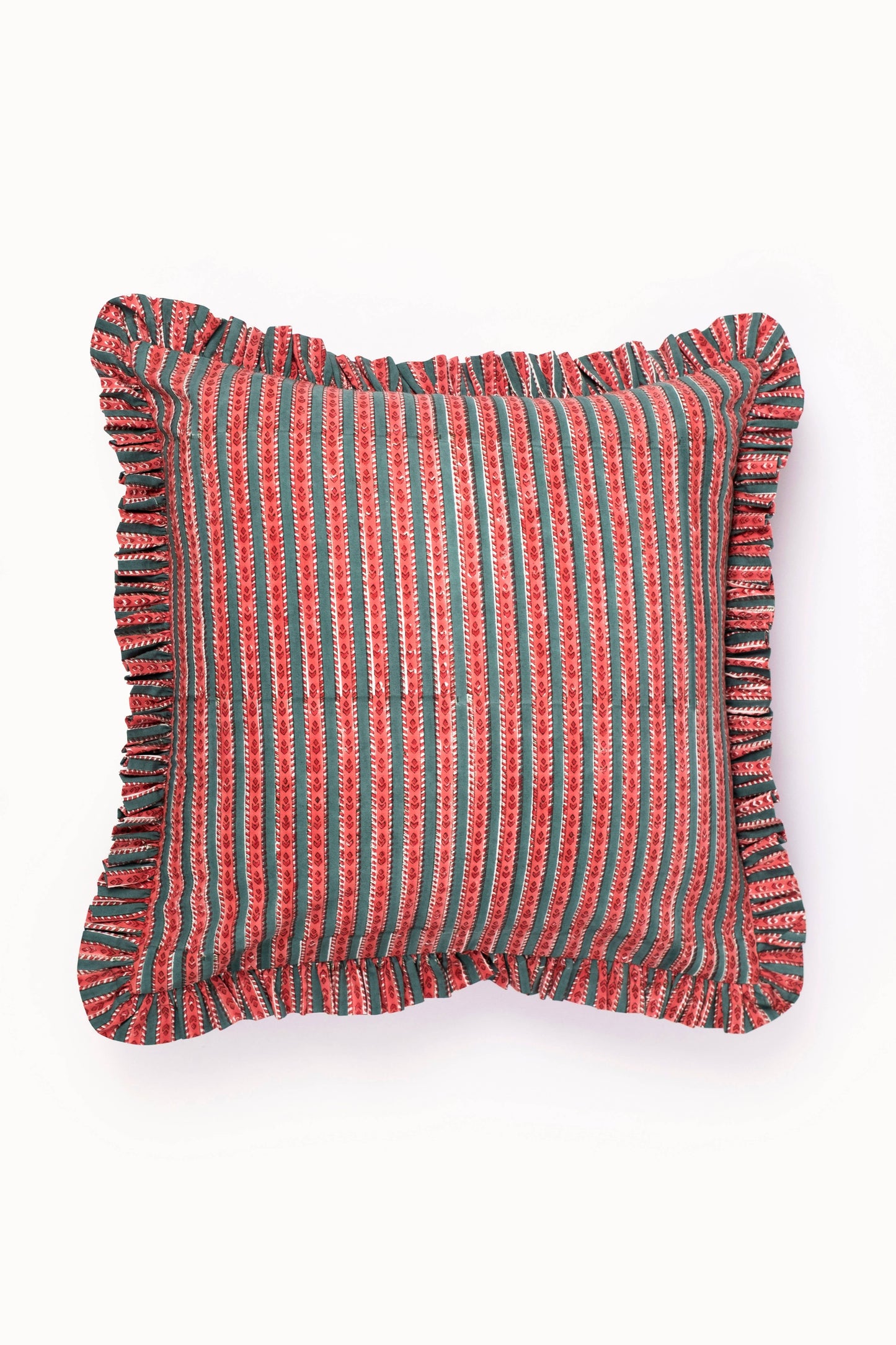 Mulled Spice Holiday Crimson Ruffle Blockprint Pillow Cover
