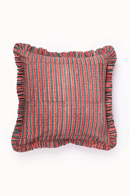 Mulled Spice Holiday Crimson Ruffle Blockprint Pillow Cover