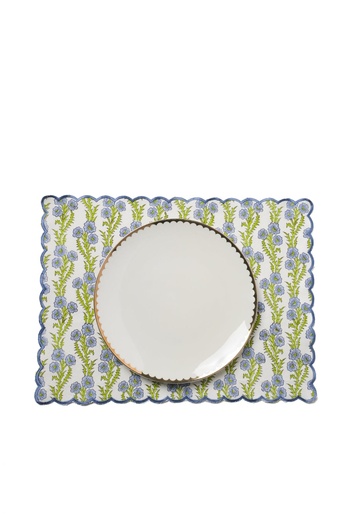 Forget-Me-Not Scallop Embroidered Blockprint Placemat, Set of 2