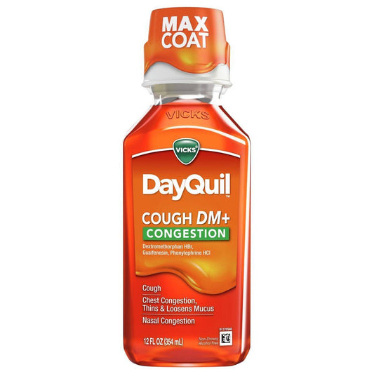 Vicks DayQuil Cough DM And Congestion Medicine, 12 Fl Oz, Tropical Citrus Flavor, Relieves Cough, Nasal Congestion, Sneezing, Non-Drowsy
