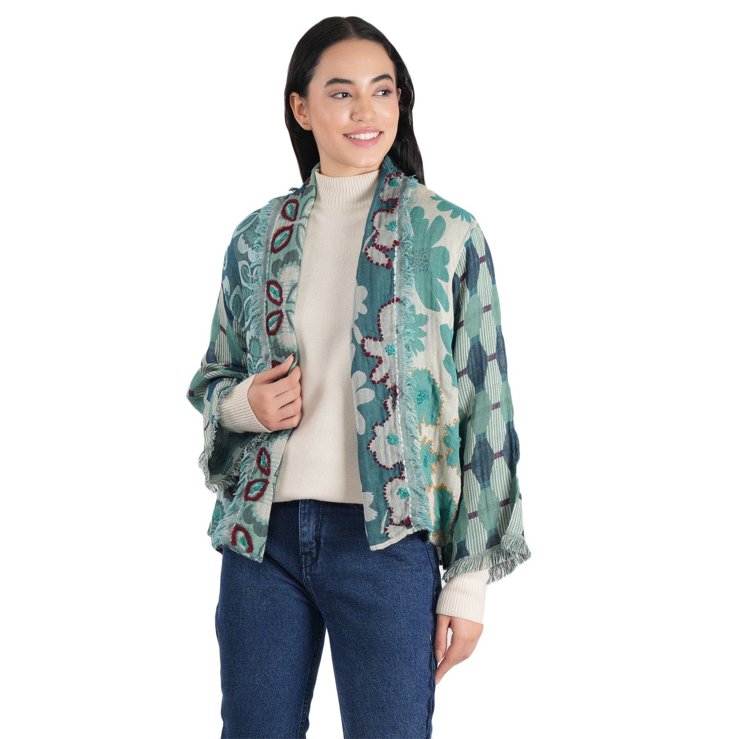 Textura Floral Kimono Jacket  - Dusty Teal
