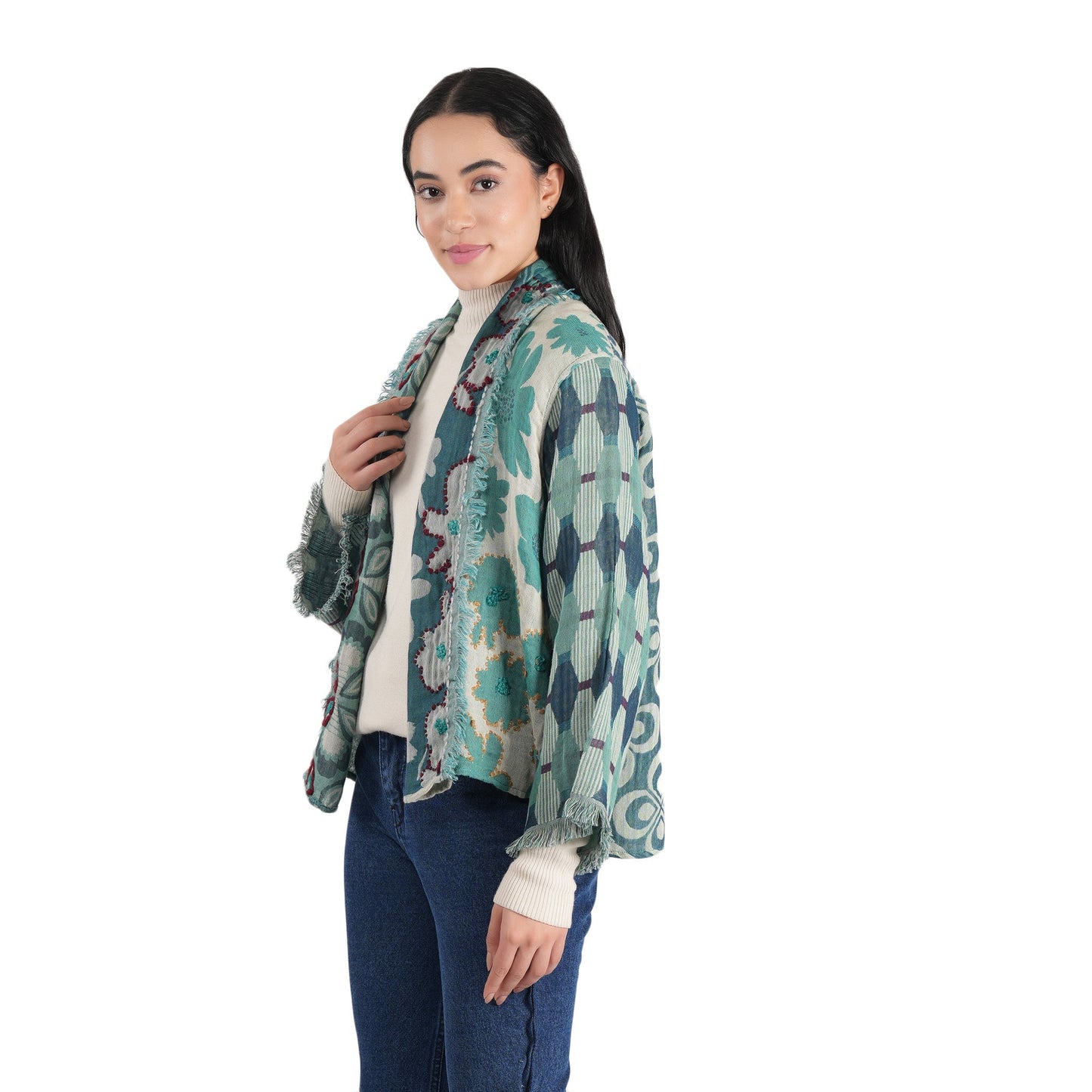 Textura Floral Kimono Jacket  - Dusty Teal