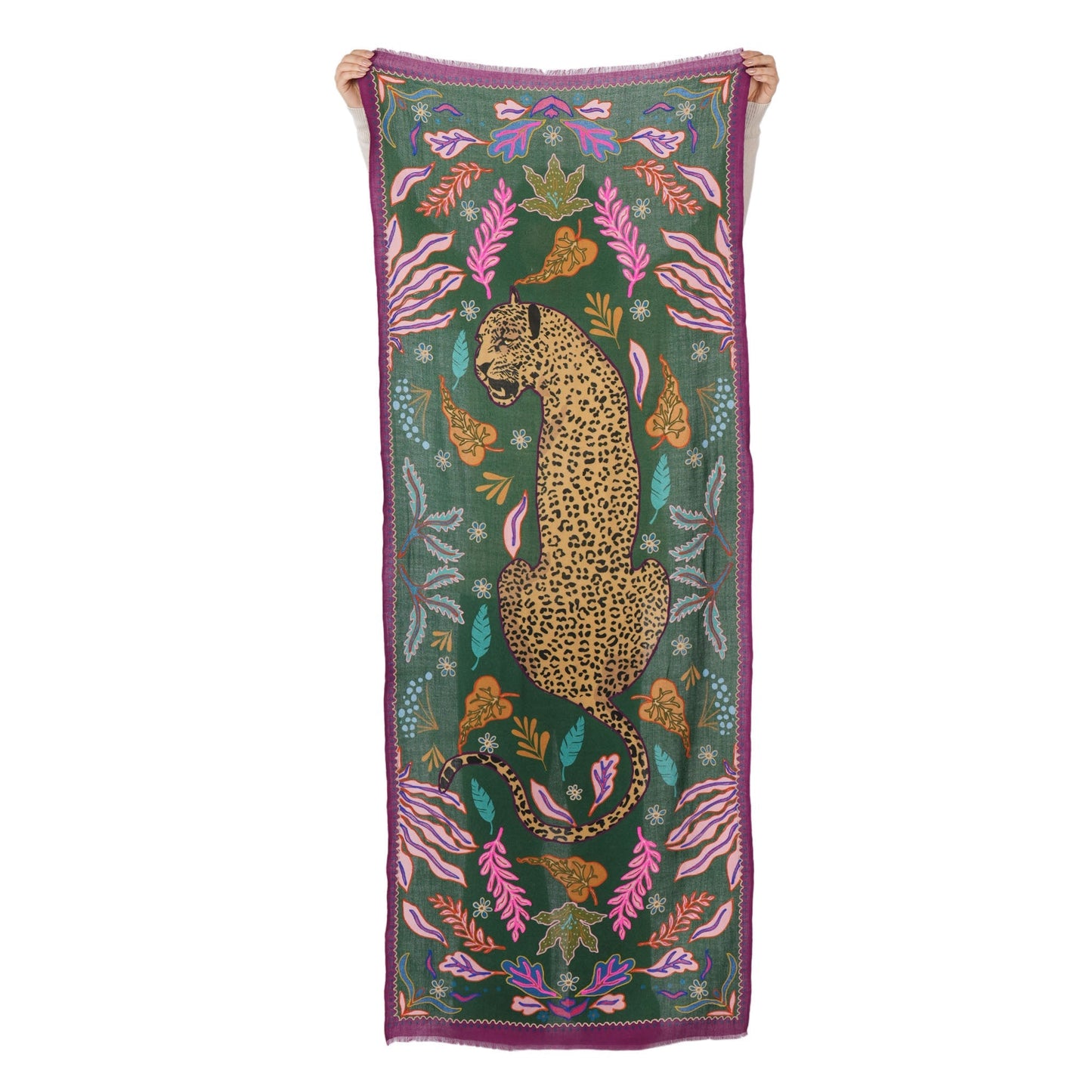Wild Grace Wool Embroidered Scarf – Jungle Green