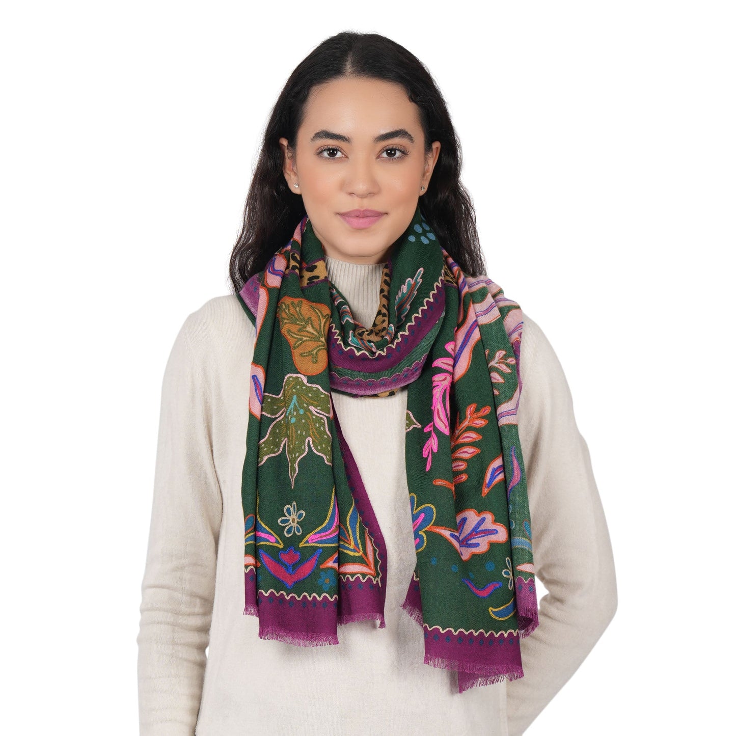 Wild Grace Wool Embroidered Scarf – Jungle Green