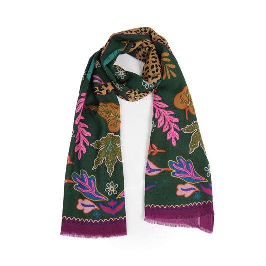 Wild Grace Wool Embroidered Scarf – Jungle Green