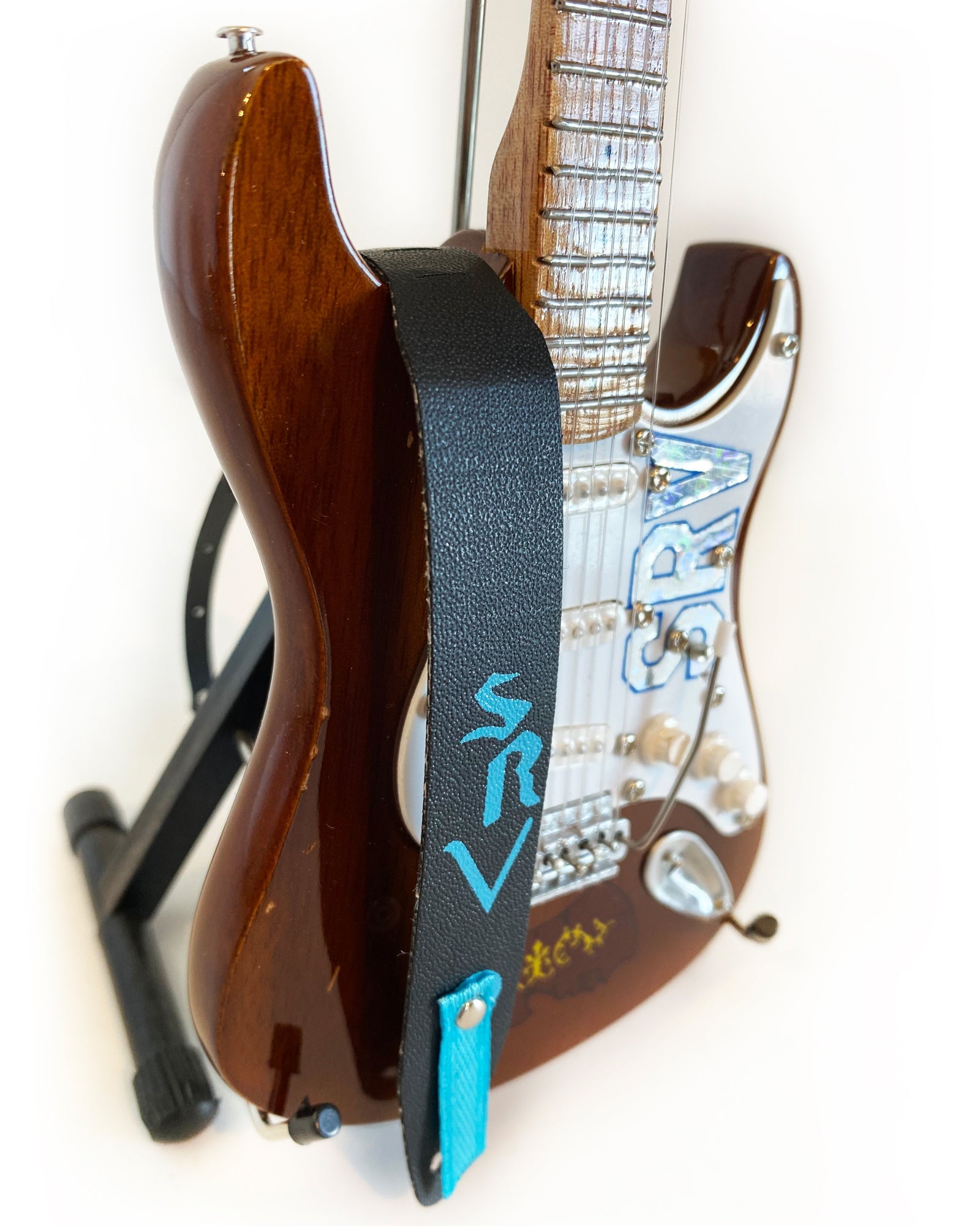 Stevie Ray Vaughan Mini Guitar Strap - Aqua Blue SRV Black Strap - AXE HEAVEN® - Osadia Concept Store