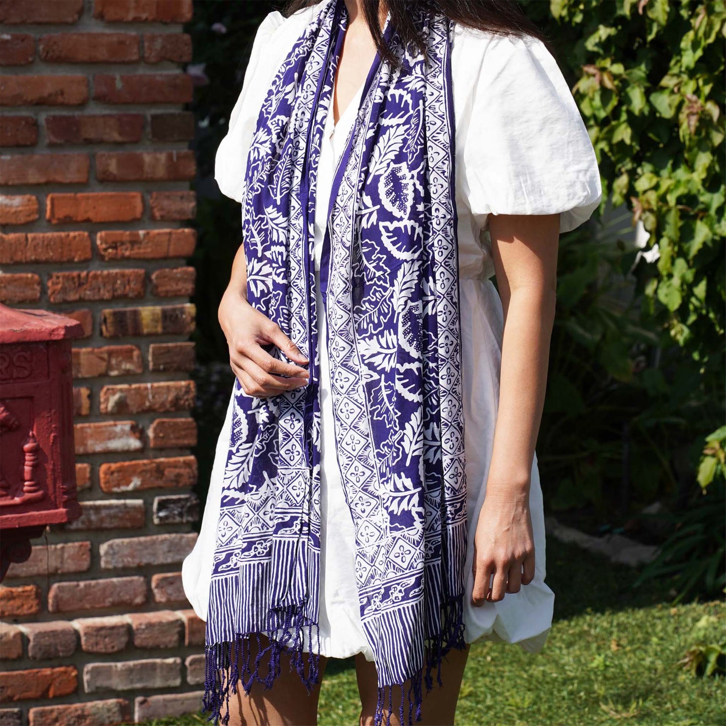 Hand Dyed Batik Scarf, 100% Cotton, Scarves, Bandana, Wrap , Blue Leaves - Osadia Concept Store