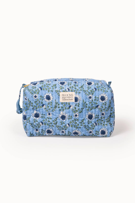 Large Block Print Quilted Travel Pouch - Ocean Blue