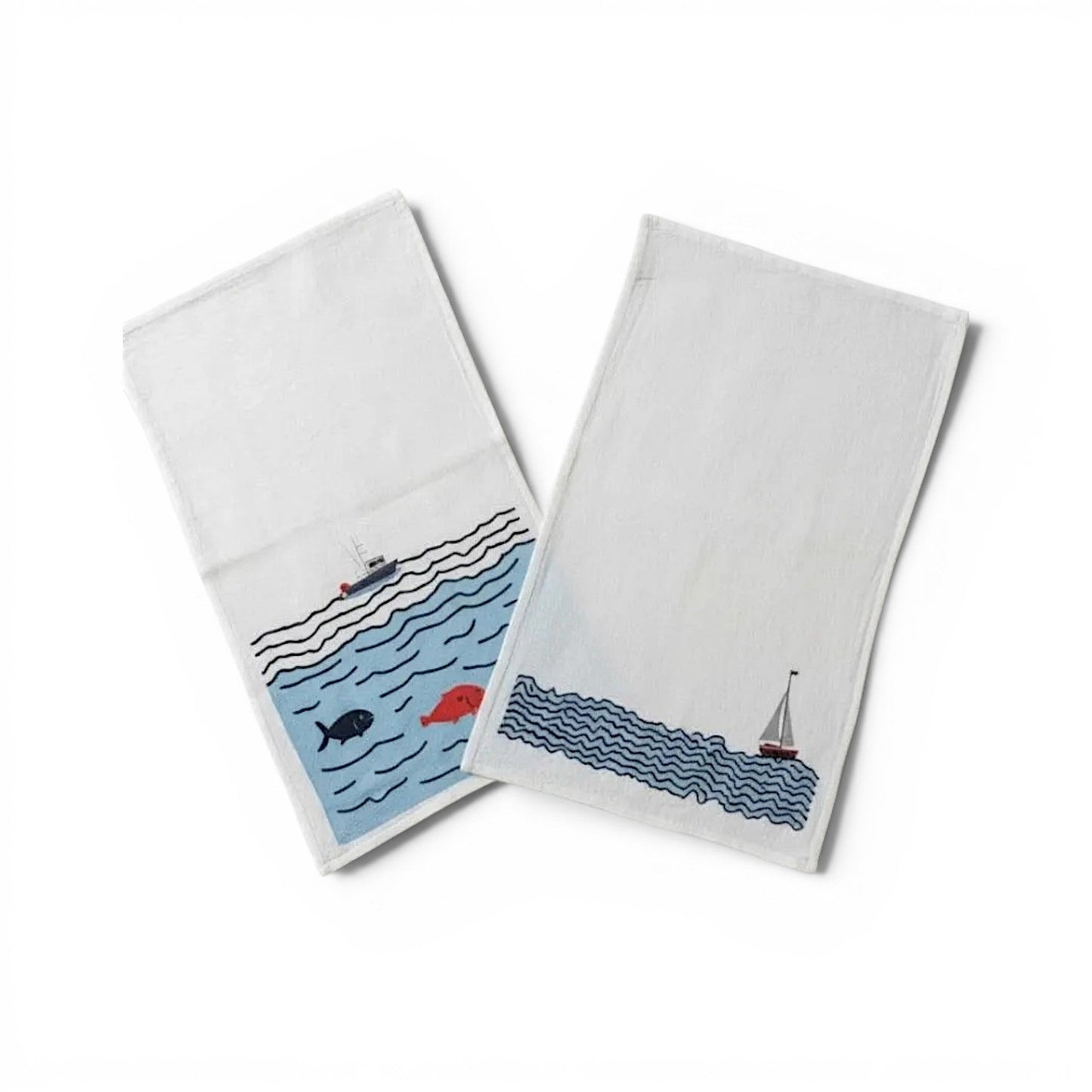 Coastal Sailboat Fish Tea Towels, American Made Cotton Flour Sack Kitchen Dish Towels, Set of Two