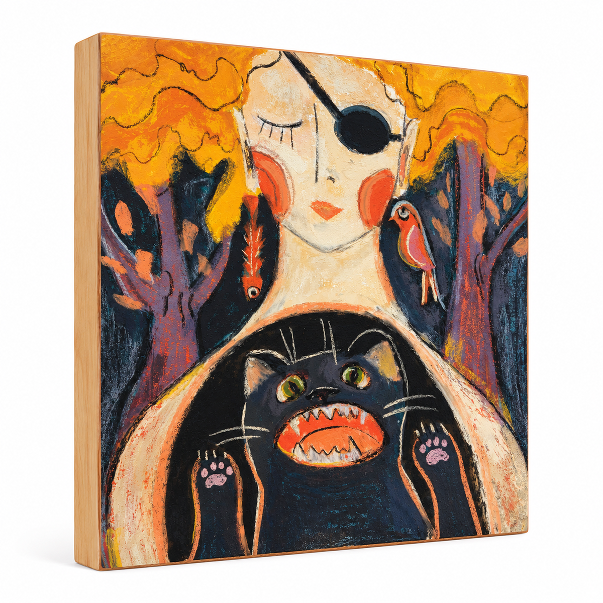 Inner Animal: Woman and Black Cat Whimsical Pastel Art Print on Board
