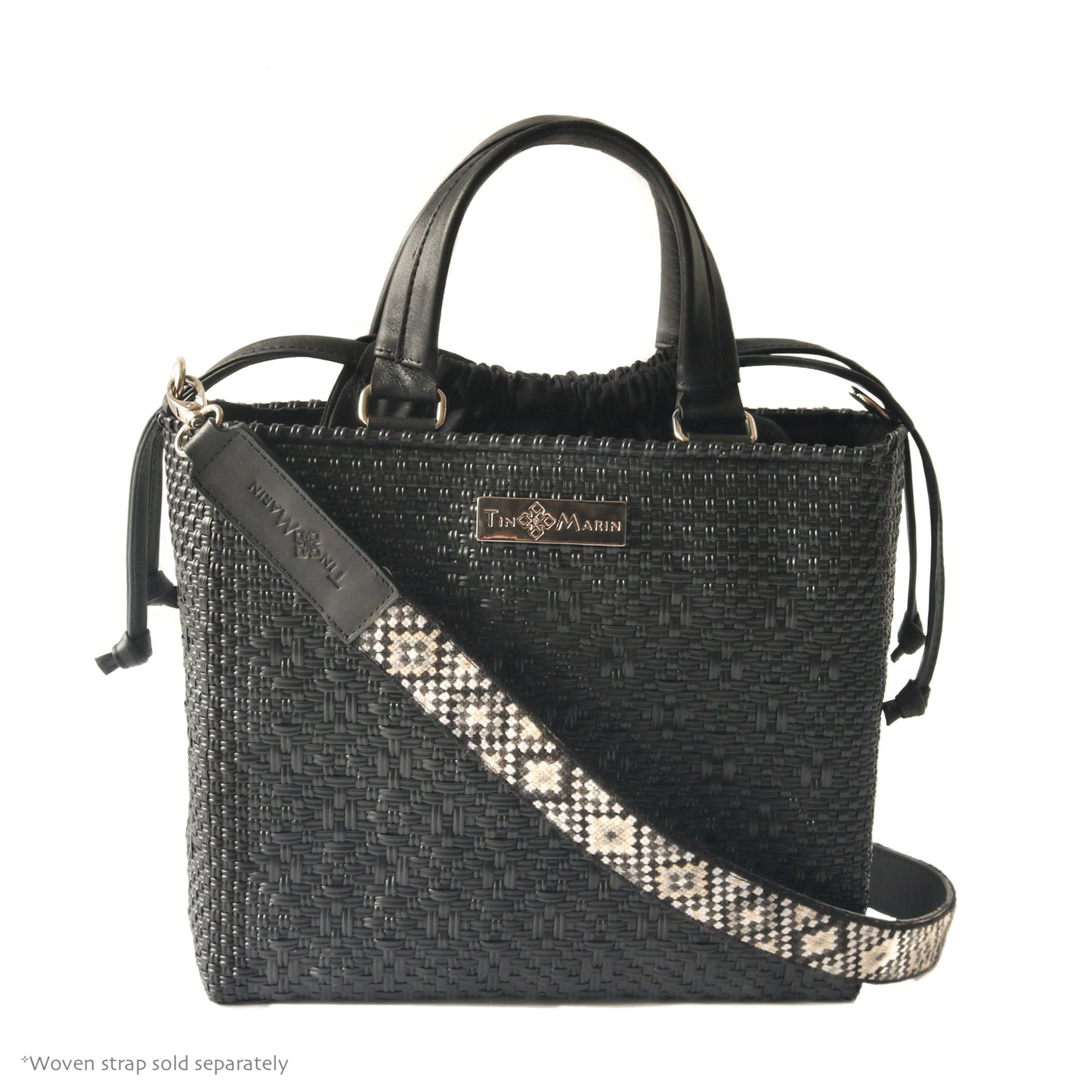 All Black Medium Woven Crossbody Drawstring Bag